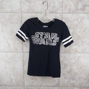 Black Lucas Films Star Wars Space Spellout Varsity Stripes T Shirt Size M 7/ 9